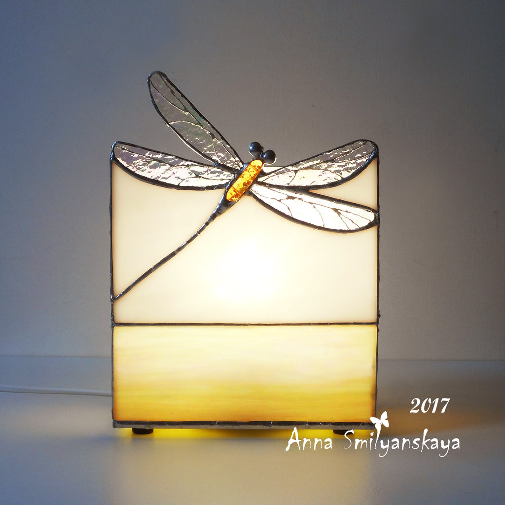 Gold Dragonfly Original Stained Glass Light Artwork Made to Order