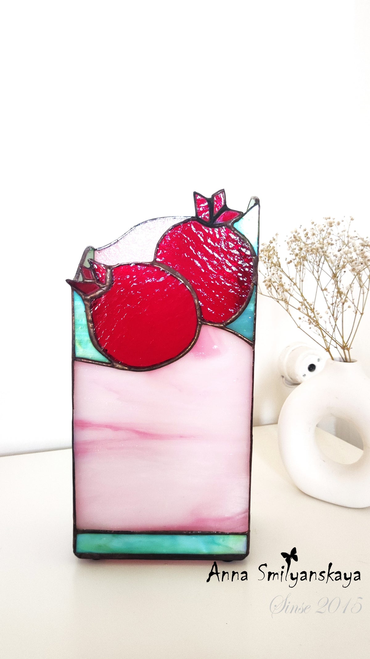 Red Pomegranate Original Stained Glass Light Artwork